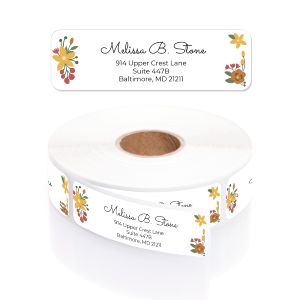 Retro Floral address label displayed above a roll of custom return address labels featuring colorful retro floral artwork.