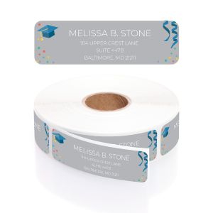 Roll of Graduation Gray Confetti address labels wound together, featuring customized return address text and graduation cap artwork.