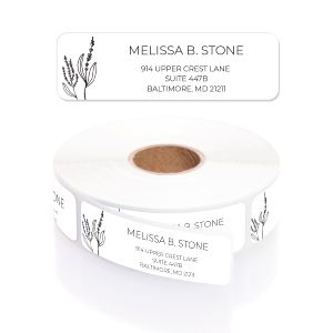 Simple modern flower rolled address label featuring custom text beside a black line-art floral sketch, displayed on top of a white label roll