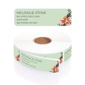 Roll of Mint and Pink Floral return address labels displaying four lines of custom address text paired with elegant blush floral corners.