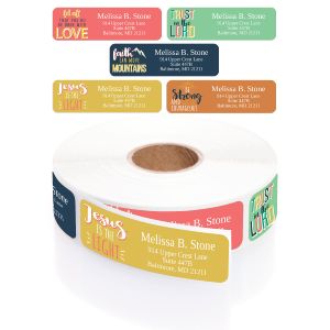 A large roll of pastel colored address labels featuring text paired with five distinct, modern faith-based designs and spiritual hymn verses.