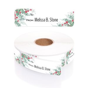 A white paper roll of holiday gift tags featuring a festive watercolor holly pine and berry border design with a clean To/From layout template.