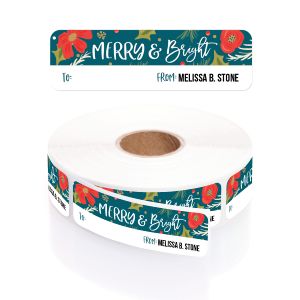 A white paper roll of holiday gift tags featuring a festive 