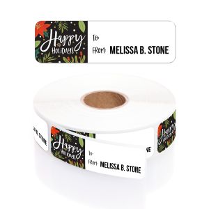 A white paper roll of holiday gift tag labels featuring a bold poinsettia floral illustration with a clean, typed 