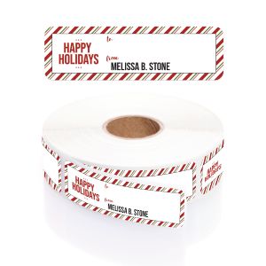 A white paper roll of holiday gift tags featuring a festive red and green candy cane striped border and a bold 