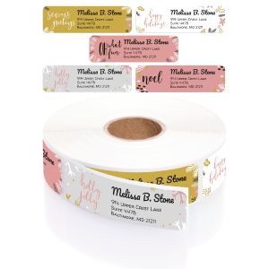 Assortment of pastel holiday address label designs featuring phrases like 'season's greetings', 'happy holidays', 'oh what fun', and 'noel'.