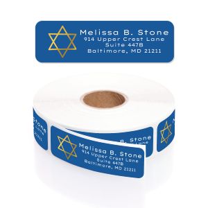 Star of David address label displayed above a roll of blue return address stickers featuring a gold foil metallic Star of David graphic.