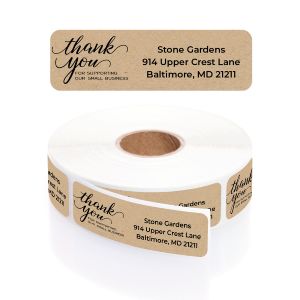 Single faux kraft business label with thank you message and return address displayed above a roll of printed small business labels.