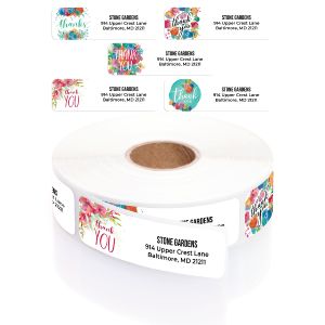 Floral watercolor thank you address label displayed above a roll of custom business return address stickers with vibrant floral accents.