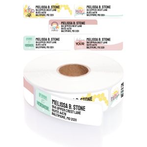 Five personalized Happy Vibes address label designs featuring motivational phrases like Be Kind, Have Courage, and Believe in Yourself.