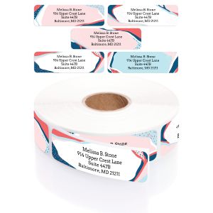 A paper roll of abstract marble address labels showcasing rotating fluid art designs with colorful swirls and clean typography text layout.