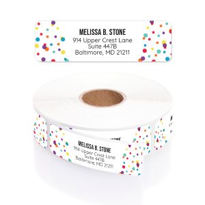 A roll of white address labels featuring a vibrant border of colorful, scattered party confetti on both sides and custom black text.