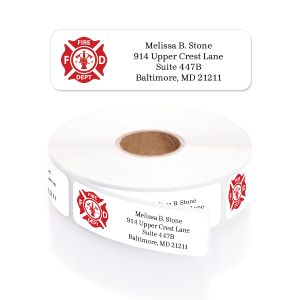 A personalized return address label with a red and white firefighter maltese cross emblem, shown above its matching rolled label pack.