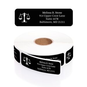Single personalized address label featuring scales of justice emblem displayed above a rolled coil of legal lawyer return address stickers.