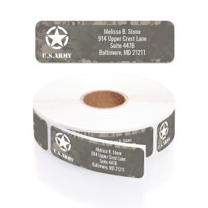 A personalized return address label with a green camouflage pattern and a white U.S. Army star emblem, shown above its matching label roll.