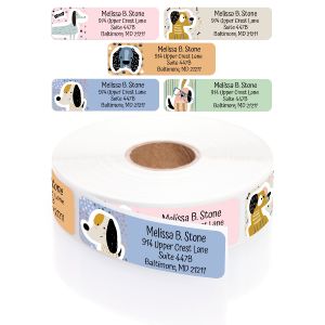 A rectangular personalized address label displayed above a large roll of matching labels, featuring an assortment of five modern dog illustrations.