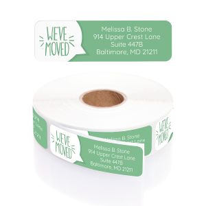 Roll of We've Moved rolled address labels wound together, showing green address blocks and customizable return address text.