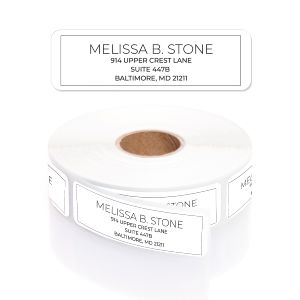 A paper roll of Simple Outline address labels showcasing a clean four-line typography layout enclosed within a dainty, modern rectangular border.