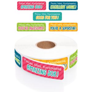 A roll of personalized teacher affirmation stickers in a clear round dispenser with a graphic overlay showing five vibrant, colorful sticker designs.