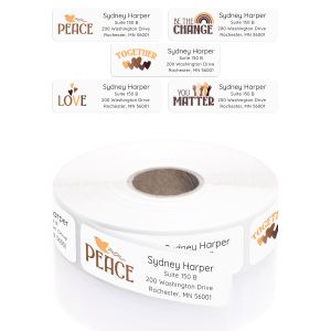 Personalized address labels featuring five distinct designs, including 