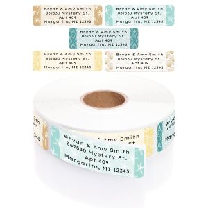 A paper roll of beach-themed address labels showcasing an assortment of starfish, palm tree, and seashell designs with clean typography.