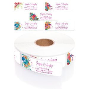 Five unique watercolor floral address labels displayed in a grid, showing bright botanical borders and personal text in a vibrant pink font.