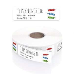 A roll of personalized classroom name labels with a color crayon design, in a clear plastic dispenser with a close-up graphic overlay.