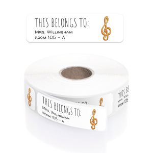 A roll of personalized classroom name labels with a music note design, in a clear plastic dispenser with a close-up graphic overlay.