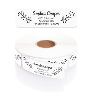 A personalized return address label featuring a minimalist black and white botanical leaf illustration and elegant script typography.
