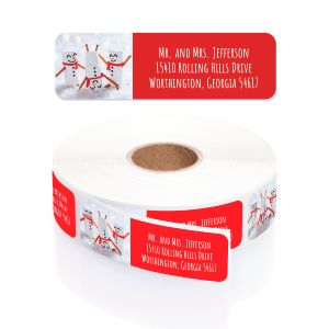 Roll of Marshmallow Snowman personalized address labels showing charming festive snowman illustrations and custom address details.