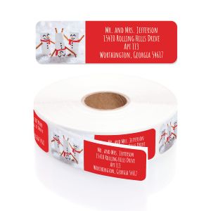 Roll of Marshmallow Snowman personalized address labels showing charming festive snowman illustrations and custom address details.