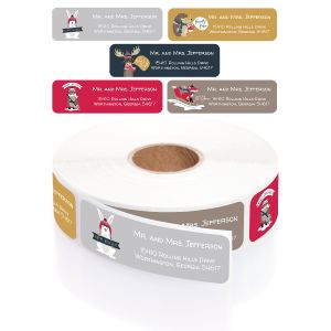 Roll of Woodland Holiday Animal address labels displaying various festive animal illustrations and personalized address details.