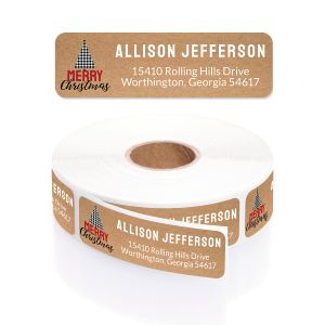 Roll of personalized Christmas address labels featuring a buffalo plaid tree illustration with festive Merry Christmas typography.