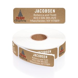 Roll of personalized Christmas address labels featuring a buffalo plaid tree illustration with festive Merry Christmas typography.
