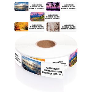 A large roll of white address labels showcasing an assortment of five distinct, colorful scenic landscape and nature illustrations.
