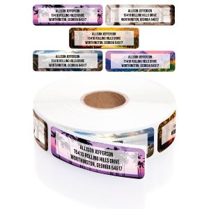 A rectangular personalized address label displayed above a large roll of matching labels, showcasing five scenic, colorful landscape designs.