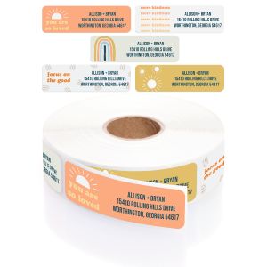 A roll of colorful retro positivity return address labels with uplifting phrases, warm tones, and customizable multi-line text layouts.