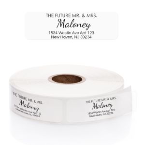 Personalized clear rolled address label preview featuring elegant calligraphy reading The Future Mr. & Mrs. above custom address text.