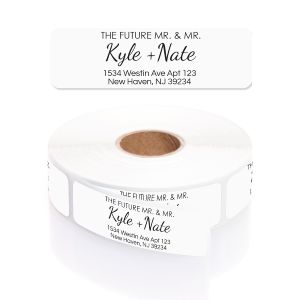 Roll of Future Mr. & Mr. white address labels wound together, showing calligraphy names and personalized address text.