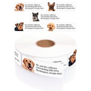 A paper roll of Alternating Dogs address labels showcasing a cute Golden Retriever puppy portrait beside a classic four-line typography layout.