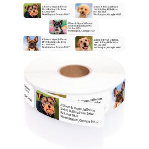 A paper roll of Assorted Dogs address labels showcasing a cute Yorkie puppy portrait beside a clean, four-line classic font text layout.