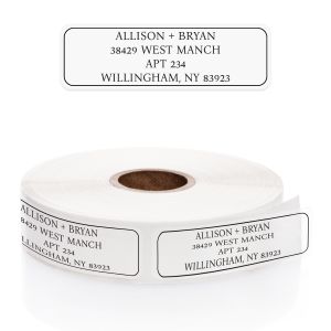 Clear outline rolled address labels with a black border on a white paper roll, showcasing personalized name and address styling.