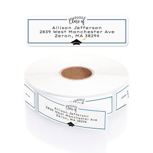Roll of Graduation Blue Cap address labels wound together, featuring customized return address lines and blue graduation cap artwork.