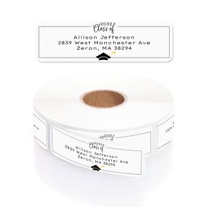 Roll of graduation address labels displaying a gray border, graduation cap graphic, and personalized name and address text.