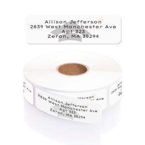 Close-up view of a roll of personalized Graduation Cap address labels featuring a mortarboard icon with custom name and address text.