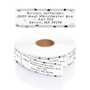 A roll of personalized Small Graduation Caps address labels featuring black mortarboard illustrations alongside custom return address text.