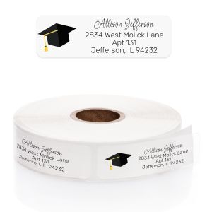 Clear rectangular address label featuring a black graduation cap with a gold tassel alongside personalized cursive and block text.