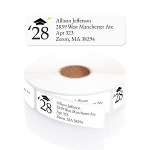 Graduation Cap & Class Year address label displayed above a roll of custom return address stickers with graduation cap graphic.