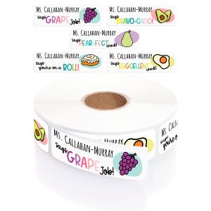 A white paper roll of teacher grading stickers featuring cute food illustrations like grapes and avocados with funny, encouraging puns.