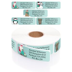 Five Whimsical Christmas address label designs featuring Santa, snowman, bear, and penguin displayed above a rolled coil of labels.